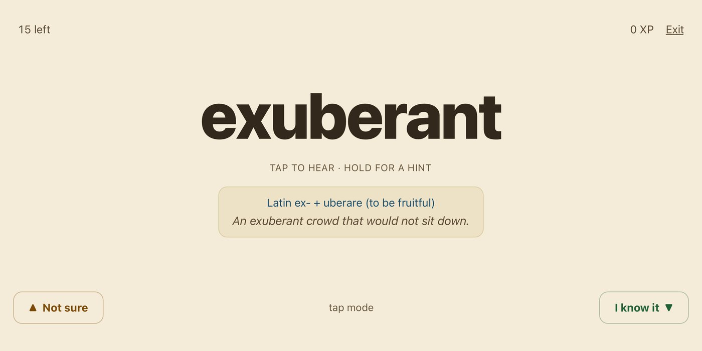 The word exuberant in the sepia theme, with a hint reading Latin ex- plus uberare, to be fruitful, and the sentence An exuberant crowd that would not sit down. Not sure is at the bottom left and I know it at the bottom right