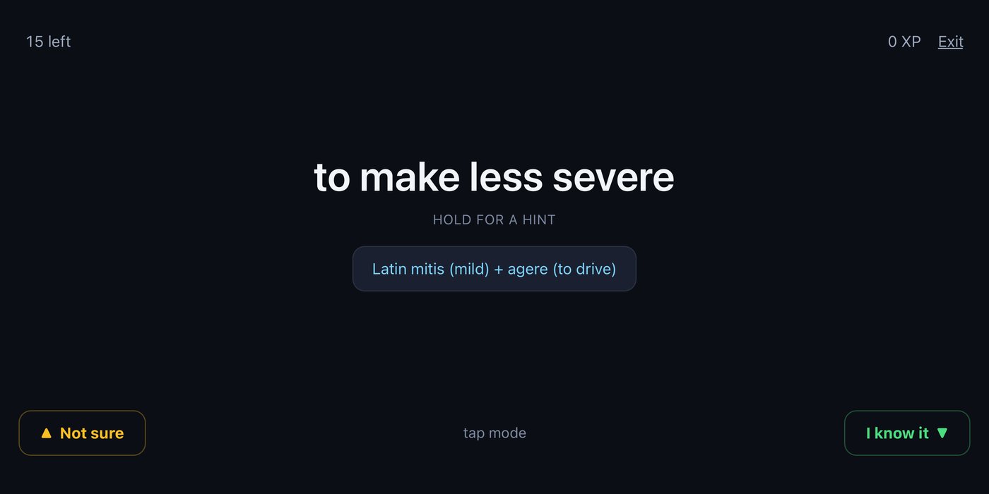 The dark theme, showing the definition to make less severe with a hint reading Latin mitis, mild, plus agere, to drive